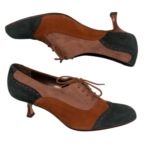 Manolo Blahnik Shoes - Manolo Blahnik Brown, Tan & Dark Green Suede Lace-Up Kitten Heel Oxfords